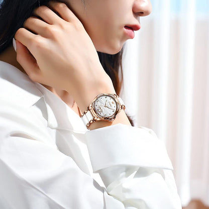 OLEVS Automatic Watches for Women Rose Gold Fashion Diamond Dress Ladies Wrist Watch Self Winding Mechanical Two Tone Ceramic Band Waterproof