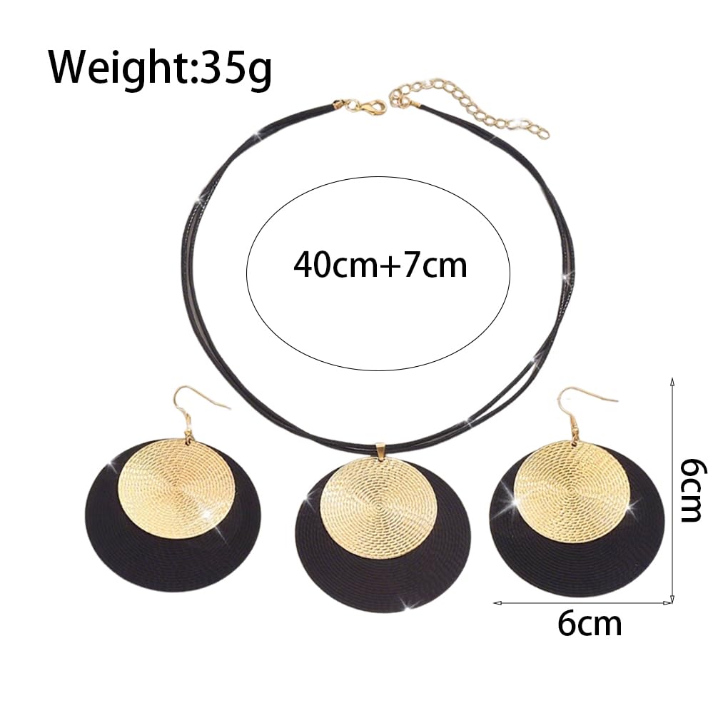 Gold Disc Pendant Necklace Earrings Set Leather Cord Black Circle Statement Necklaces Geometric Textured Medallion Jewelry For Women Party Fashion