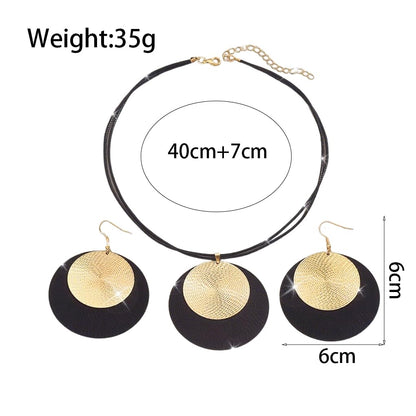 Gold Disc Pendant Necklace Earrings Set Leather Cord Black Circle Statement Necklaces Geometric Textured Medallion Jewelry For Women Party Fashion