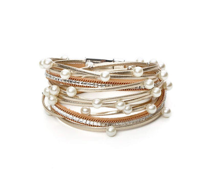 Fesciory Leopard Bracelet for Women, Boho Leather Wrap Multi-Layer Pearl Crystal Bracelet Bangle Jewelry