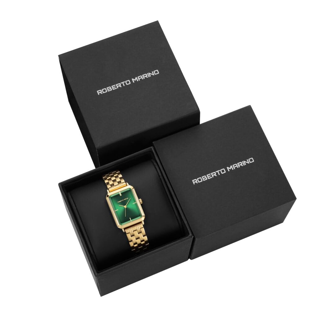 Roberto Marino RM1982 Women’s Luxury Watch Rectangular Gold – Japanese Quartz Movement, Vintage Stainless Steel Design, Silver Dial, Elegant Dress Timepiece, 3ATM Water Resistant – Reloj para Mujer