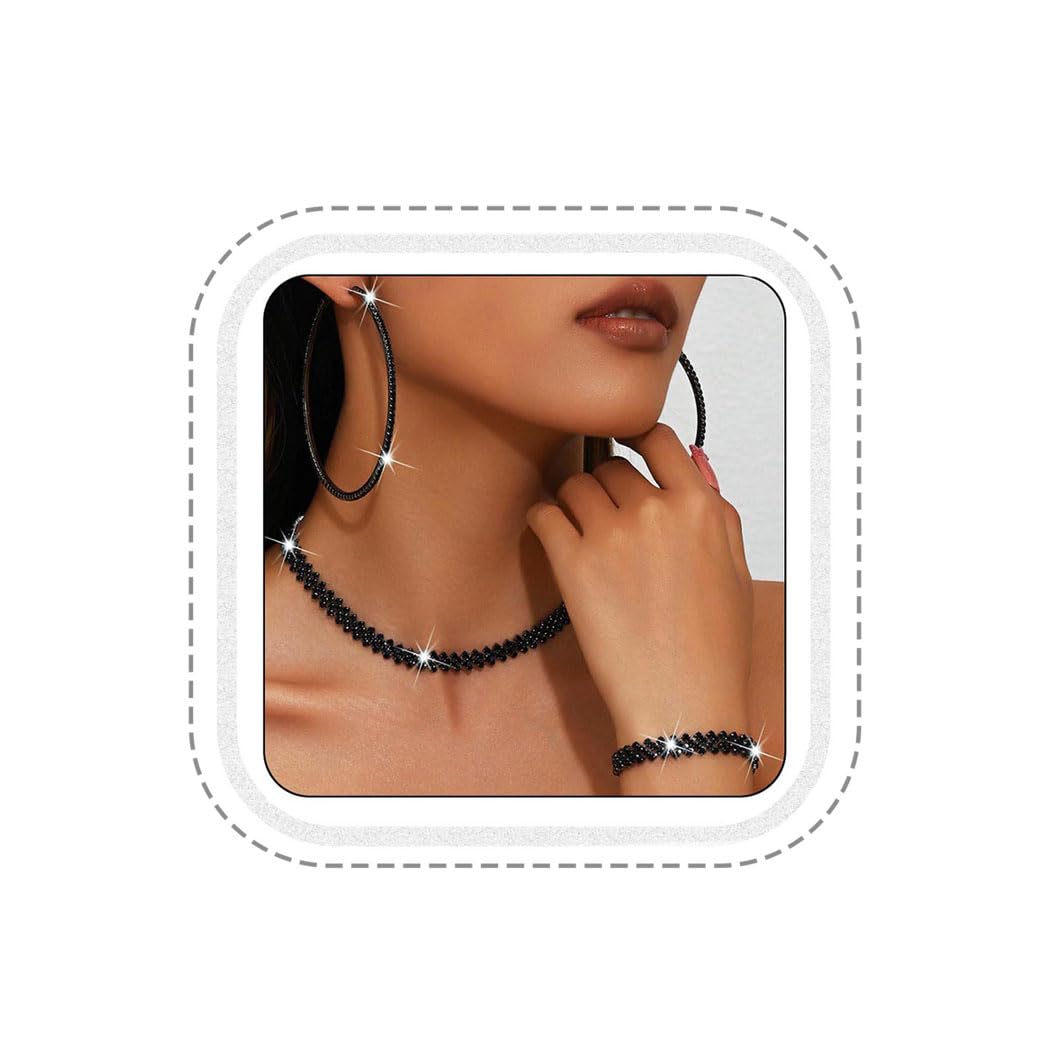 Unicra Black Jewelry Sets Rhinestone Necklace Hoop Earrings Bracelet Set Prom Formal Sparkly Costume Jewelry Sets for Women