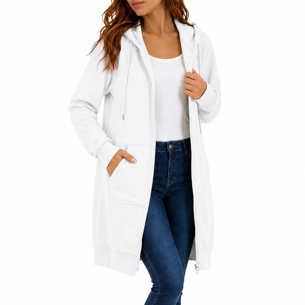 Womens Long Zip Up Hoodie Jacket Casual Open Front Tunic Sweatshirt with Pockets Fleece Lightweight Fall Winter Coat