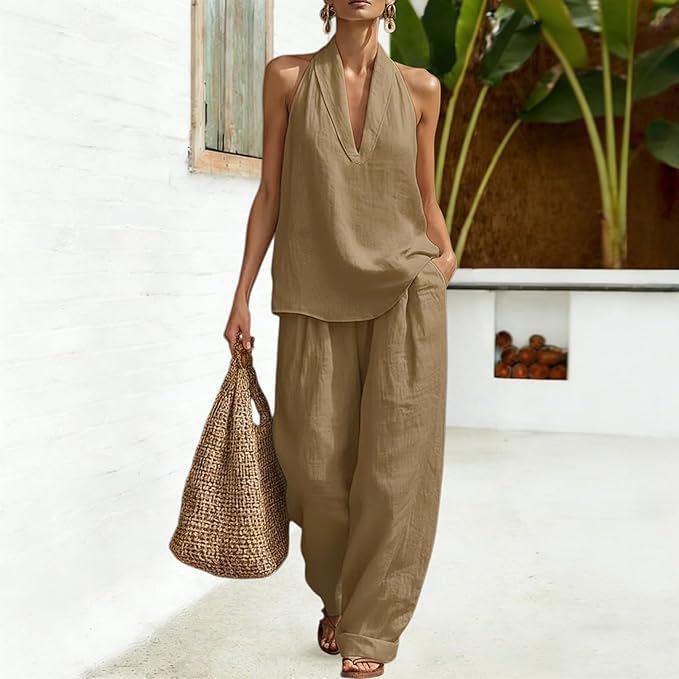 Womens Linen 2 Piece Sets 2026 Sleeveless V-Neck Halter Top Matching Baggy Wide Leg Pants Summer Lounge Set Vacation Outfits