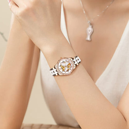 OLEVS Automatic Watches for Women Rose Gold Fashion Diamond Dress Ladies Wrist Watch Self Winding Mechanical Two Tone Ceramic Band Waterproof