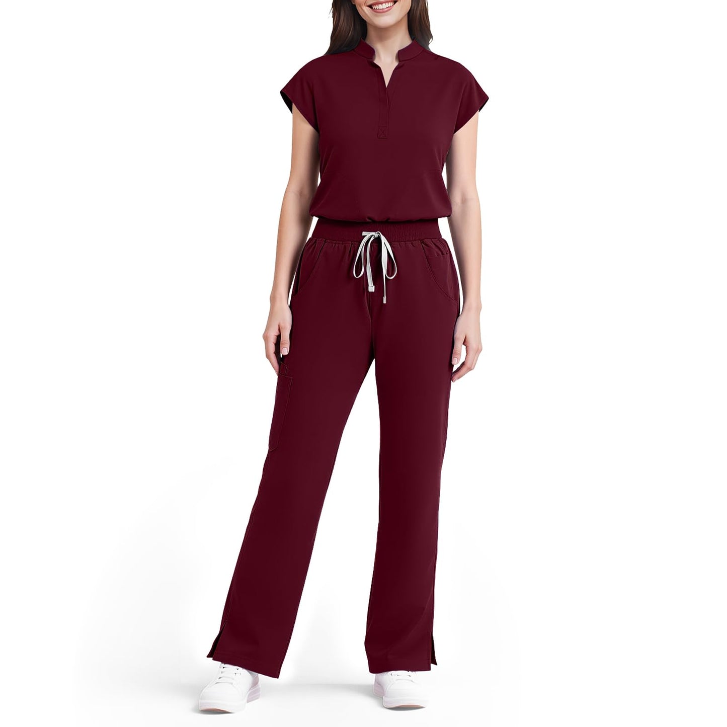 Scrubs for Women Set, Sleeveless 9-Pocket Straight Leg Yoga Waist | Stand-up collar top, straight leg pants side slits. Soft stretch knit. Yoga waist. Wrinkle-free. For nurses/docs/vets.