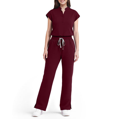 Scrubs for Women Set, Sleeveless 9-Pocket Straight Leg Yoga Waist | Stand-up collar top, straight leg pants side slits. Soft stretch knit. Yoga waist. Wrinkle-free. For nurses/docs/vets.