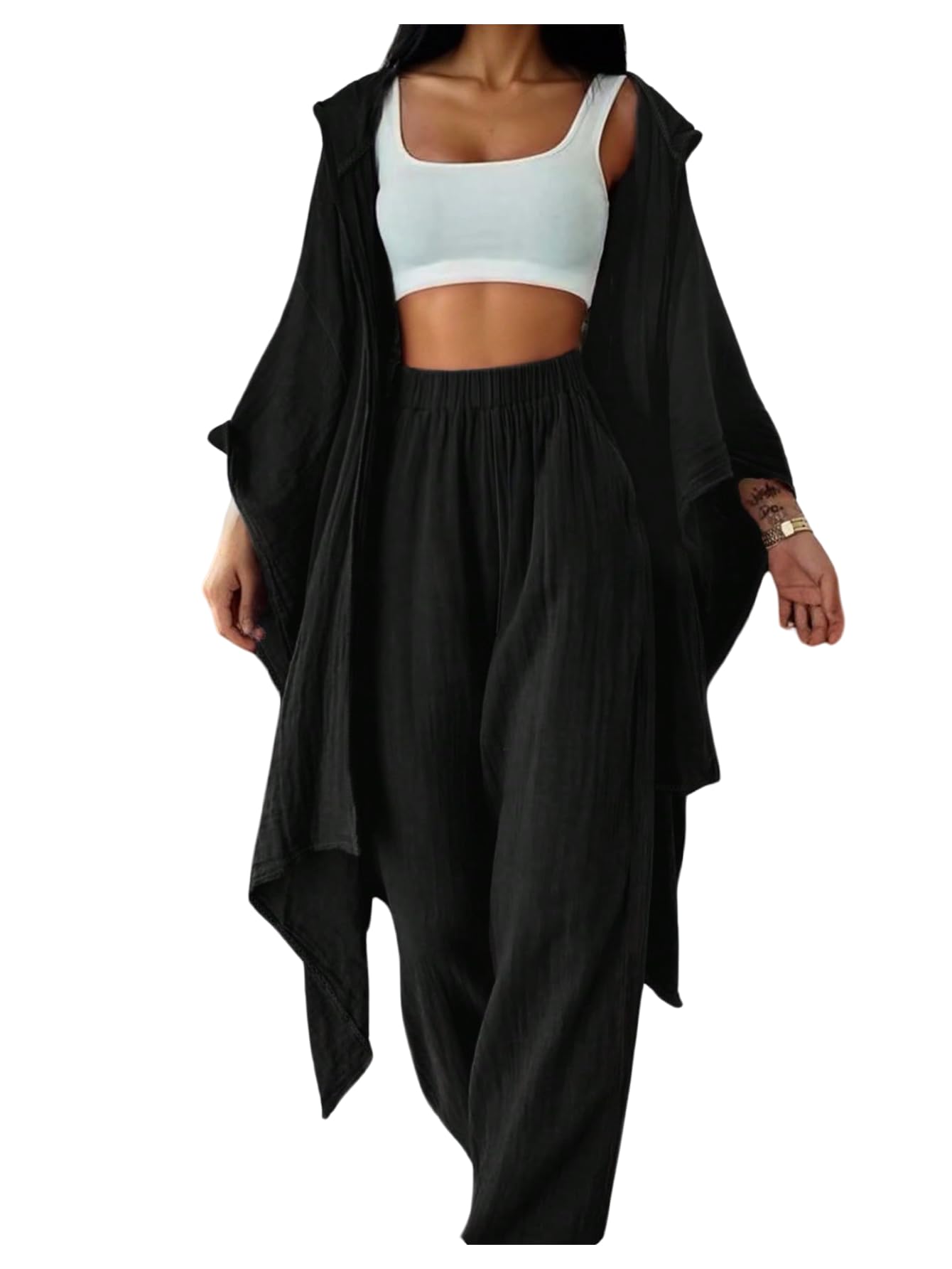 SOLY HUX Women's 2 Piece Linen Sets Hooded Kimono Cardigan High Waist Pants | Boho, Wide Leg, Elastic Waisted, Casual, Flowy, 2 Piece Outfits