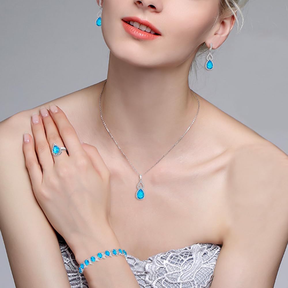 BriLove Wedding Jewelry Set for Women Bride Bridesmaid | Gorgeous Cubic Zirconia Teardrop Necklace Earrings Bracelet Adjustable Ring Jewelry Gift for Birthday/Anniversary