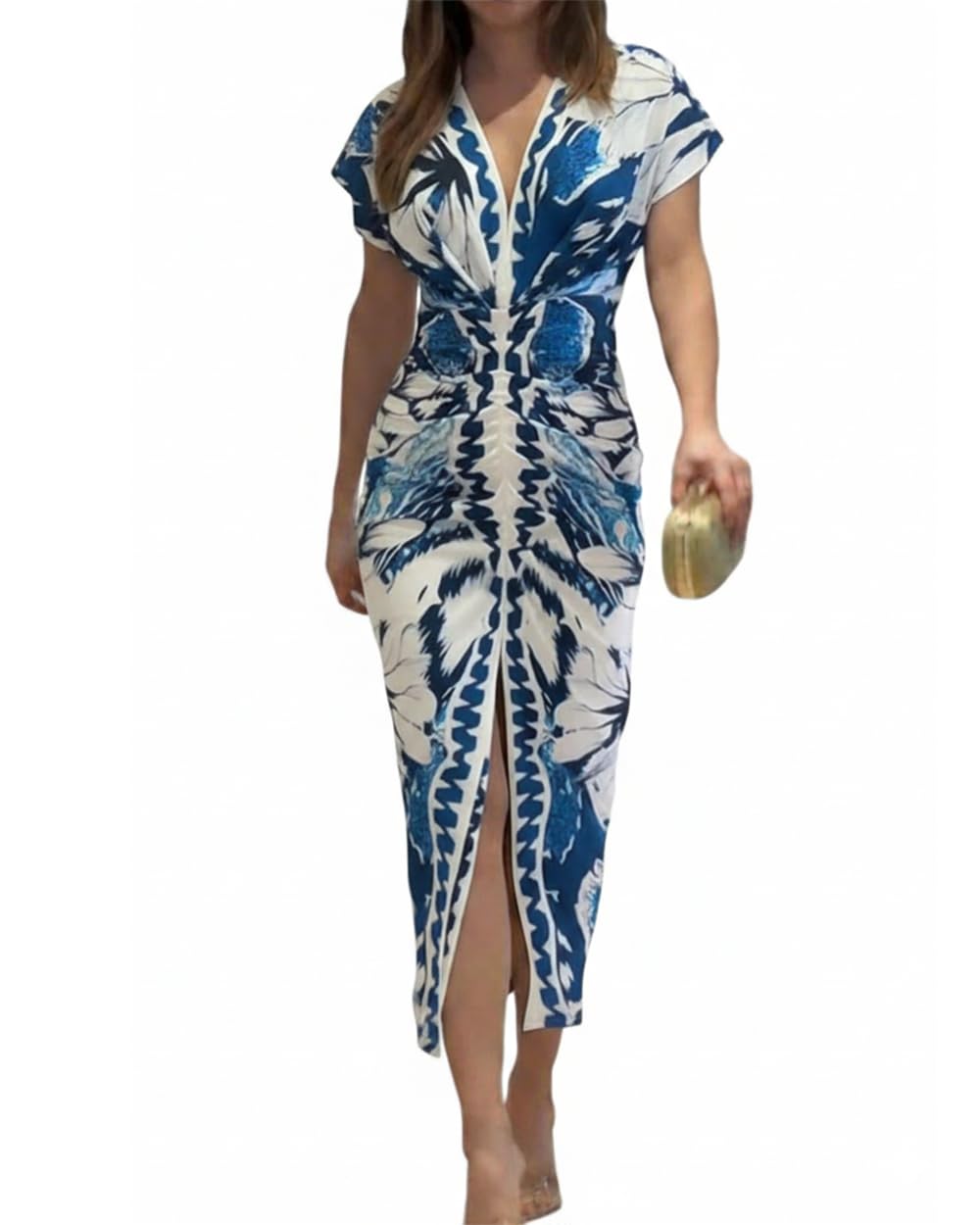 CHICME Summer Dresses for Women Floral Print Plunge V Neck Midi Dress Casual Ruched Slit Bodycon Party Dress