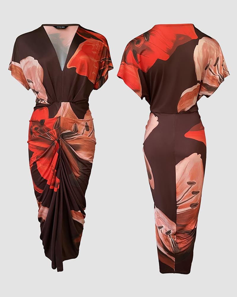 CHICME Summer Dresses for Women Floral Print Plunge V Neck Midi Dress Casual Ruched Slit Bodycon Party Dress