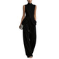 Linen Lounge sets for women, Stand Collar Sleeveless Top and Baggy Wide Leg Pants, Casual Business 2 Piece Set