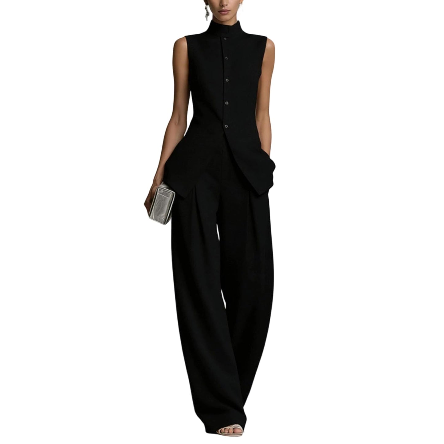 Linen Lounge sets for women, Stand Collar Sleeveless Top and Baggy Wide Leg Pants, Casual Business 2 Piece Set
