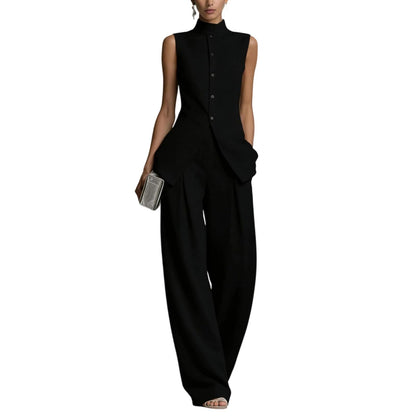 Linen Lounge sets for women, Stand Collar Sleeveless Top and Baggy Wide Leg Pants, Casual Business 2 Piece Set