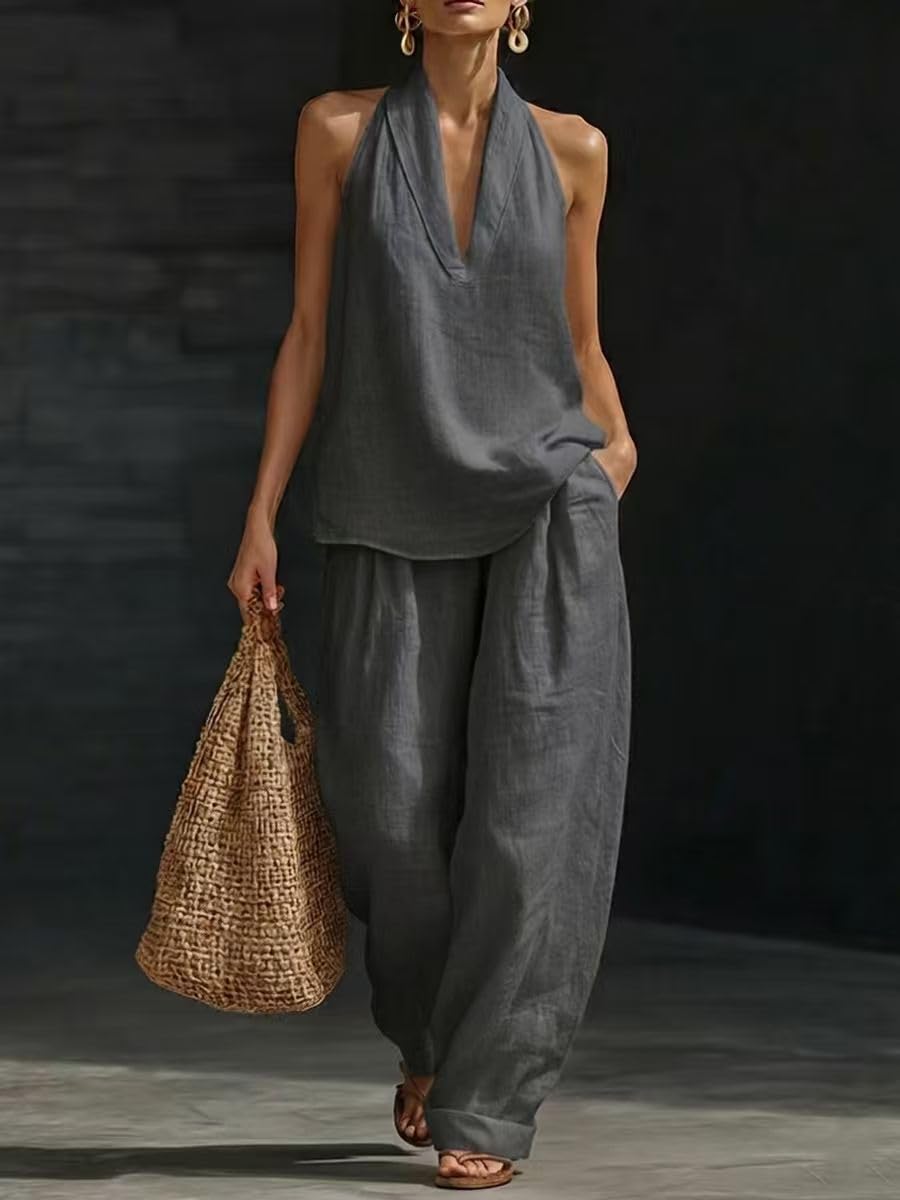Womens Linen 2 Piece Sets 2026 Sleeveless V-Neck Halter Top Matching Baggy Wide Leg Pants Summer Lounge Set Vacation Outfits