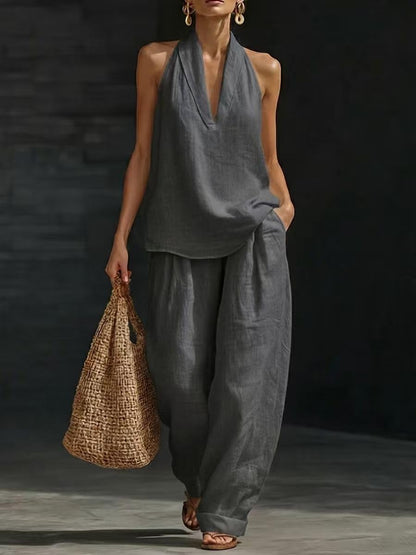 Womens Linen 2 Piece Sets 2026 Sleeveless V-Neck Halter Top Matching Baggy Wide Leg Pants Summer Lounge Set Vacation Outfits