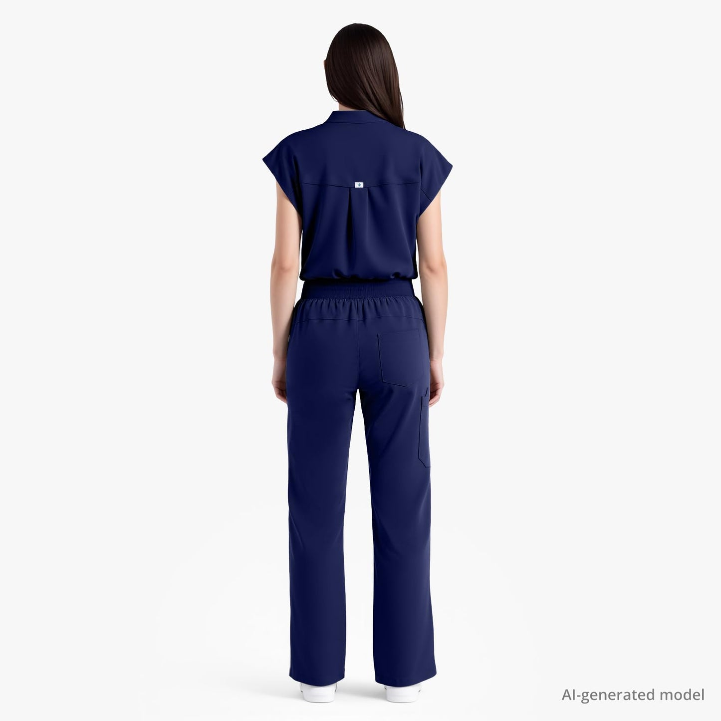 Scrubs for Women Set, Sleeveless 9-Pocket Straight Leg Yoga Waist | Stand-up collar top, straight leg pants side slits. Soft stretch knit. Yoga waist. Wrinkle-free. For nurses/docs/vets.