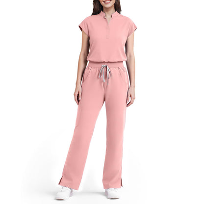 Scrubs for Women Set, Sleeveless 9-Pocket Straight Leg Yoga Waist | Stand-up collar top, straight leg pants side slits. Soft stretch knit. Yoga waist. Wrinkle-free. For nurses/docs/vets.