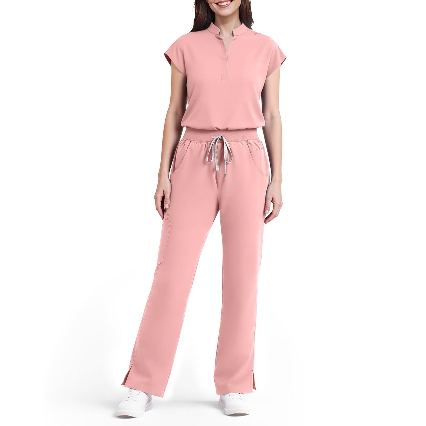 Scrubs for Women Set, Sleeveless 9-Pocket Straight Leg Yoga Waist | Stand-up collar top, straight leg pants side slits. Soft stretch knit. Yoga waist. Wrinkle-free. For nurses/docs/vets.
