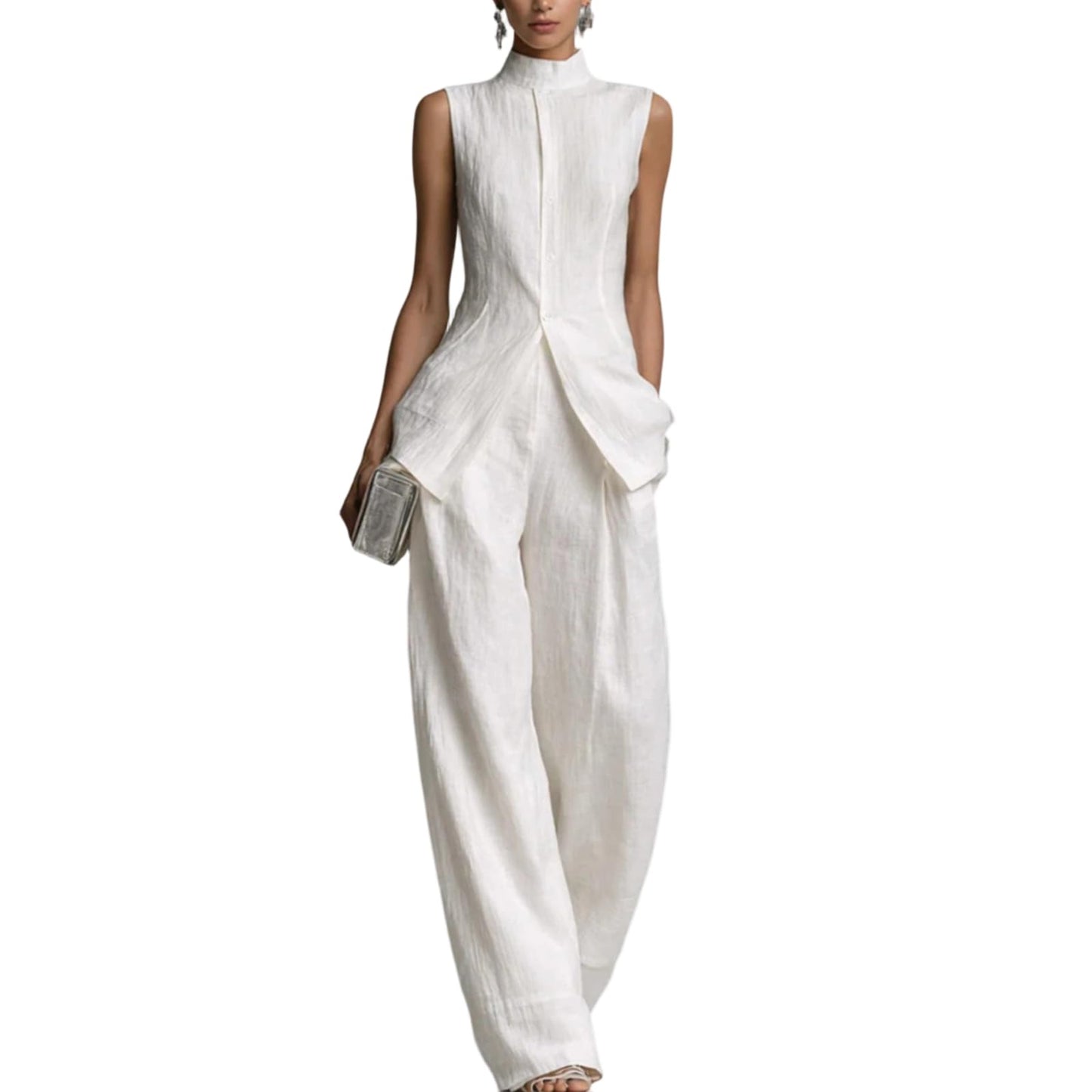 Linen Lounge sets for women, Stand Collar Sleeveless Top and Baggy Wide Leg Pants, Casual Business 2 Piece Set