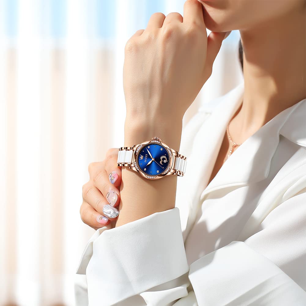 OLEVS Womens Automatic Watch, Premium Large Face Diamond Accented Self Winding Watches for Women, Fashion Waterproof Ladies Dress Watch, Two Tone Stainless Steel Ceramic Bracelet
