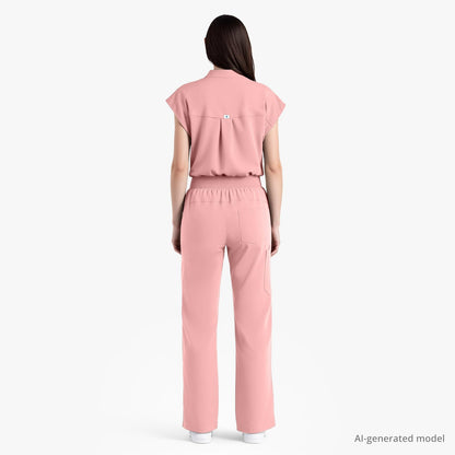Scrubs for Women Set, Sleeveless 9-Pocket Straight Leg Yoga Waist | Stand-up collar top, straight leg pants side slits. Soft stretch knit. Yoga waist. Wrinkle-free. For nurses/docs/vets.