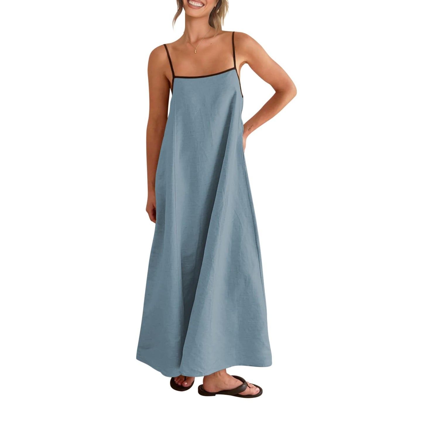 Shy Velvet Women's 2026 Summer Linen Maxi Dress Contrast Spaghetti Strap Dress Backless Casual Party Beach Dresses