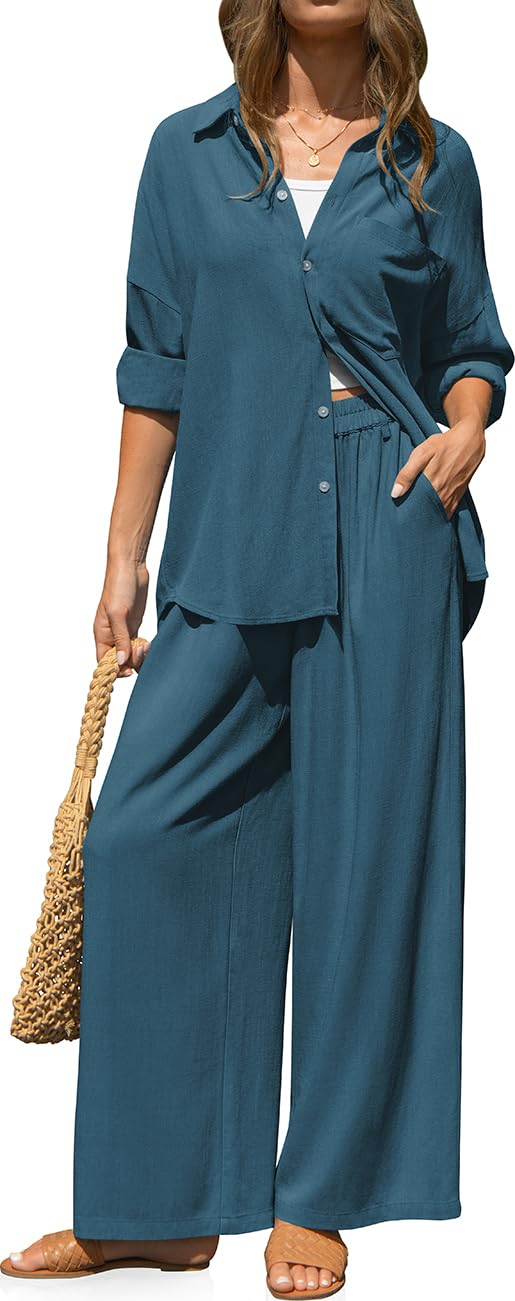 TARSE Womens Linen 2 Piece Outfits Casual Lounge Sets | Long Sleeve, Button Down Shirt and Wide Leg Pants, loose fit linen, vacation outfits with Pockets