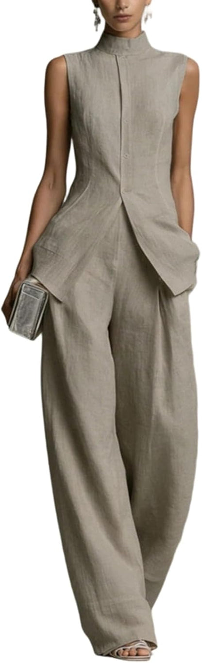 Linen Lounge sets for women, Stand Collar Sleeveless Top and Baggy Wide Leg Pants, Casual Business 2 Piece Set