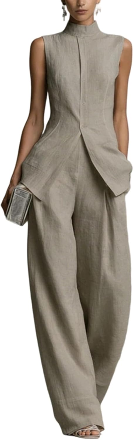 Linen Lounge sets for women, Stand Collar Sleeveless Top and Baggy Wide Leg Pants, Casual Business 2 Piece Set