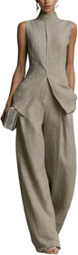 Linen Lounge sets for women, Stand Collar Sleeveless Top and Baggy Wide Leg Pants, Casual Business 2 Piece Set