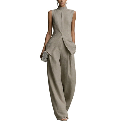 Linen Lounge sets for women, Stand Collar Sleeveless Top and Baggy Wide Leg Pants, Casual Business 2 Piece Set