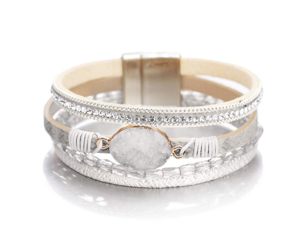 Fesciory Leopard Bracelet for Women, Boho Leather Wrap Multi-Layer Pearl Crystal Bracelet Bangle Jewelry
