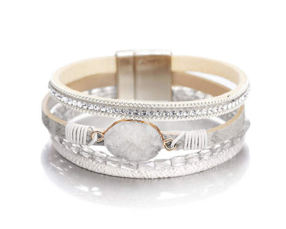 Fesciory Leopard Bracelet for Women, Boho Leather Wrap Multi-Layer Pearl Crystal Bracelet Bangle Jewelry