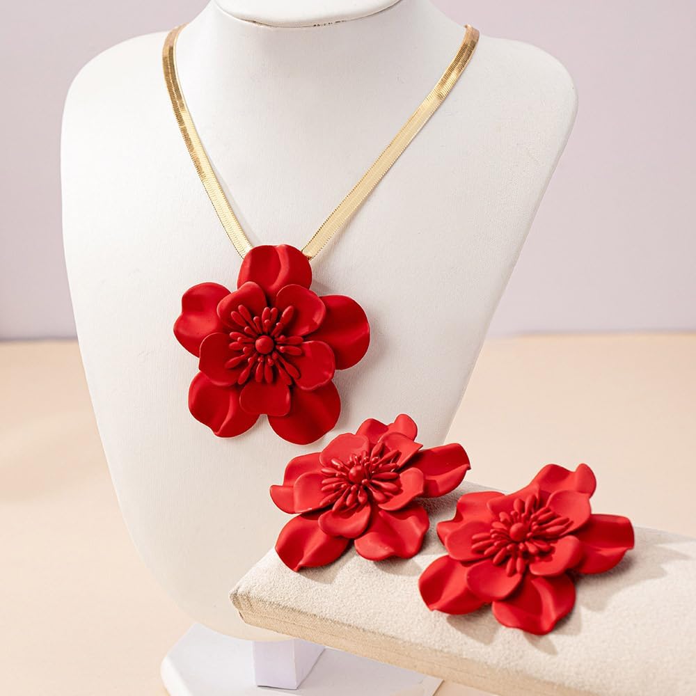 Vintage Flower Necklace Earring Set Gold Snake Chain Necklace Bohemian Red Flowers Choker Necklaces Hypoallergenic Statement Flower Stud Earrings Elegant Bridal Wedding Summer Beach Jewelry