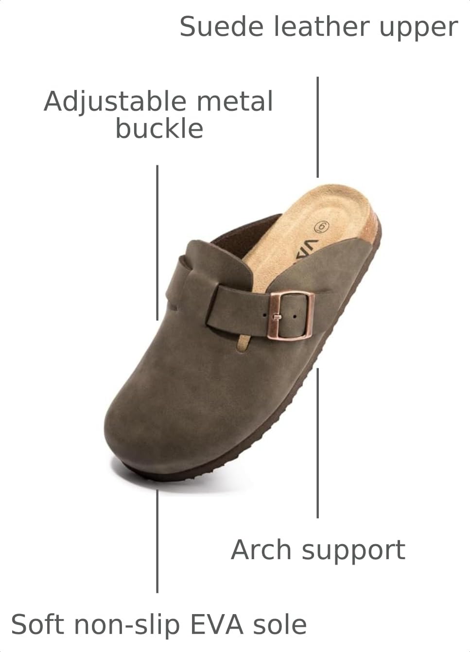 Women Suede Clogs Casual Slip On Potato Mule Slippers | Soft Suede Upper, Arch-Support Cork Insole, Adjustable Buckle, Anti-Slip Sole