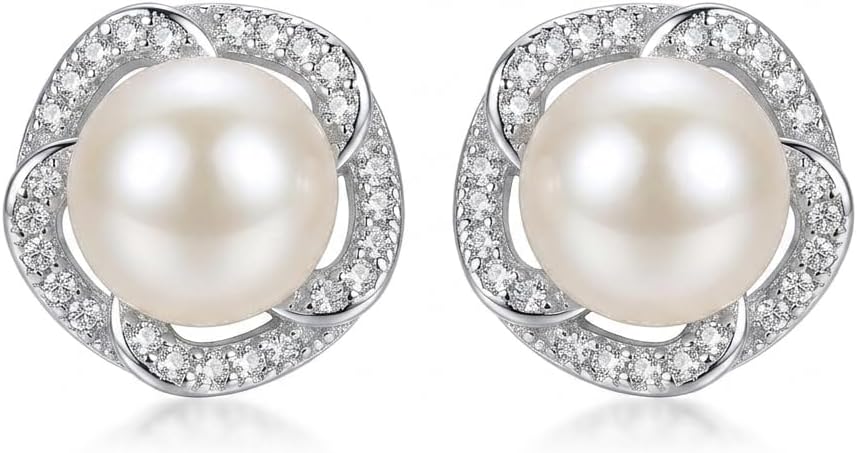 NONNYL Pearl Anniversary Birthday Gifts for Women Wife- 925 Sterling Silver Freshwater Cultured Pearl Stud Earrings With CZ, Dainty Flower Design Christmas Jewelry Gifts for Mom, Her, Wife, Women