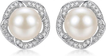 NONNYL Pearl Anniversary Birthday Gifts for Women Wife- 925 Sterling Silver Freshwater Cultured Pearl Stud Earrings With CZ, Dainty Flower Design Christmas Jewelry Gifts for Mom, Her, Wife, Women