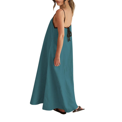 Shy Velvet Women's 2026 Summer Linen Maxi Dress Contrast Spaghetti Strap Dress Backless Casual Party Beach Dresses