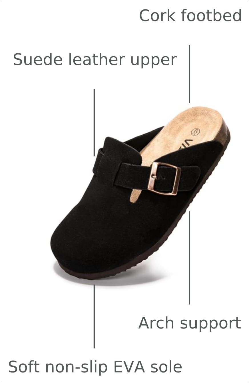 Women Suede Clogs Casual Slip On Potato Mule Slippers | Soft Suede Upper, Arch-Support Cork Insole, Adjustable Buckle, Anti-Slip Sole