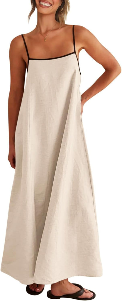 Shy Velvet Women's 2026 Summer Linen Maxi Dress Contrast Spaghetti Strap Dress Backless Casual Party Beach Dresses