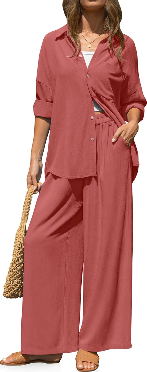 TARSE Womens Linen 2 Piece Outfits Casual Lounge Sets | Long Sleeve, Button Down Shirt and Wide Leg Pants, loose fit linen, vacation outfits with Pockets