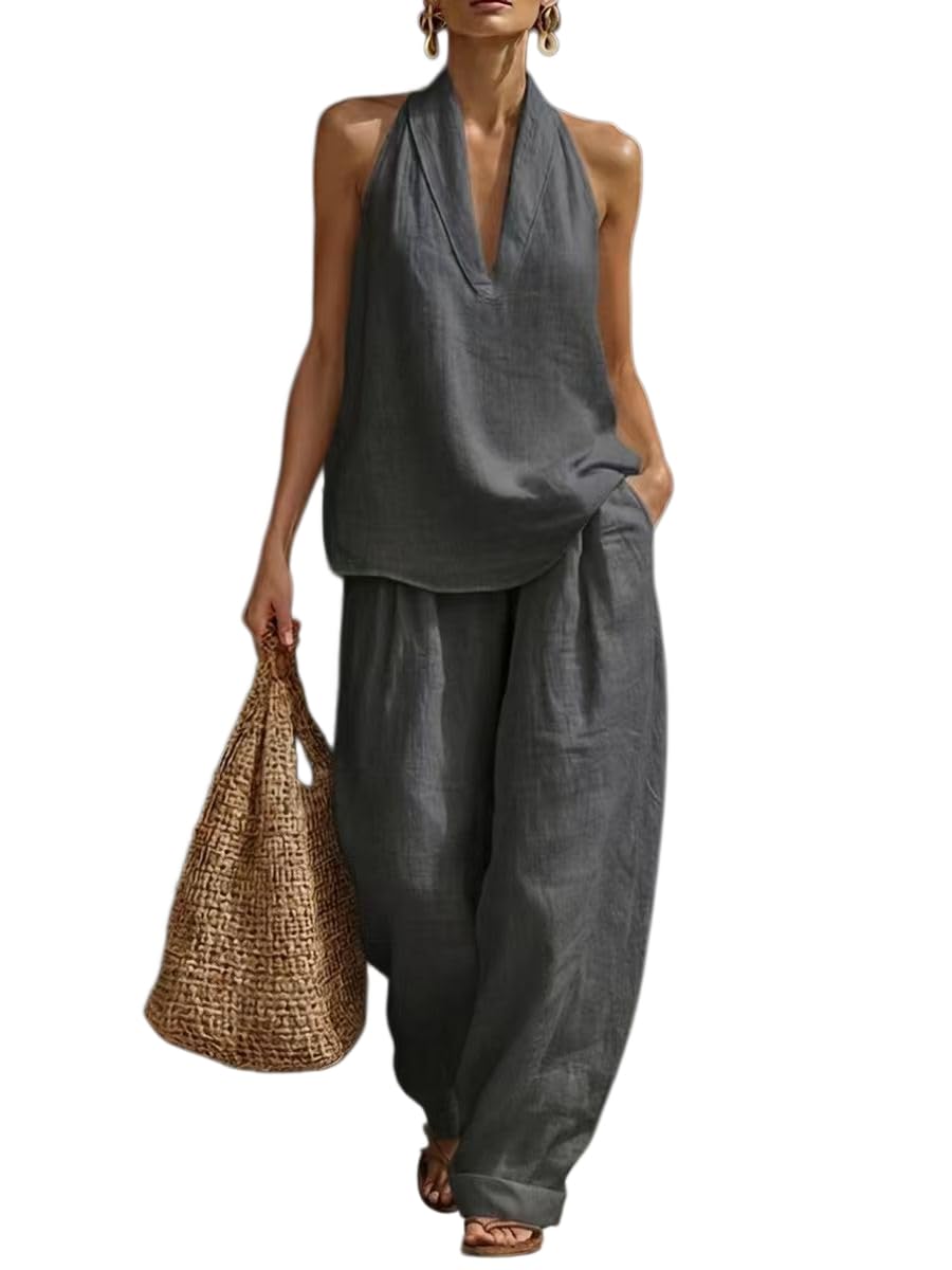 Womens Linen 2 Piece Sets 2026 Sleeveless V-Neck Halter Top Matching Baggy Wide Leg Pants Summer Lounge Set Vacation Outfits