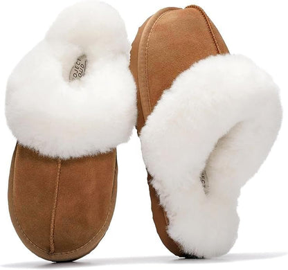 Project Cloud Genuine Leather Slippers for Women with Genuine Fur Lining, Non-Slip Indoor/Outdoor Clog Mule Slippers, Memory Foam Insole