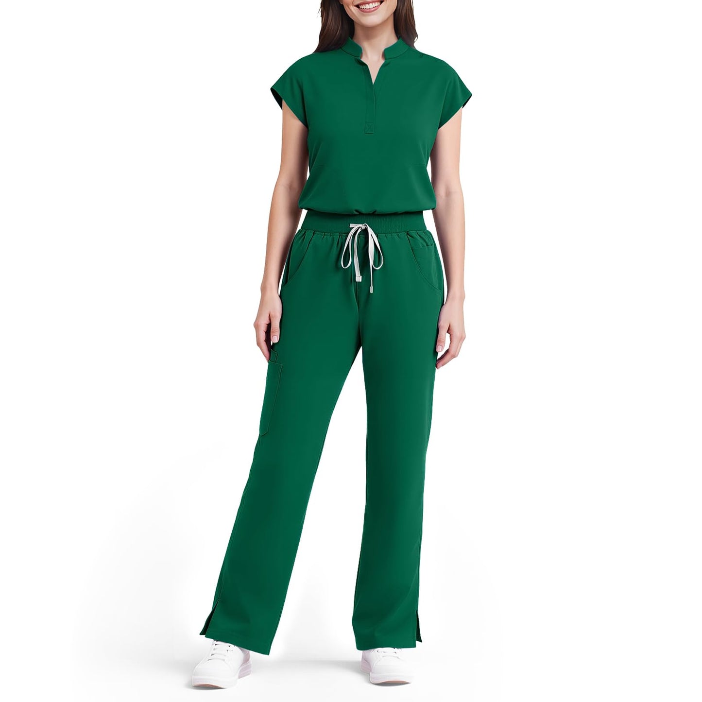 Scrubs for Women Set, Sleeveless 9-Pocket Straight Leg Yoga Waist | Stand-up collar top, straight leg pants side slits. Soft stretch knit. Yoga waist. Wrinkle-free. For nurses/docs/vets.