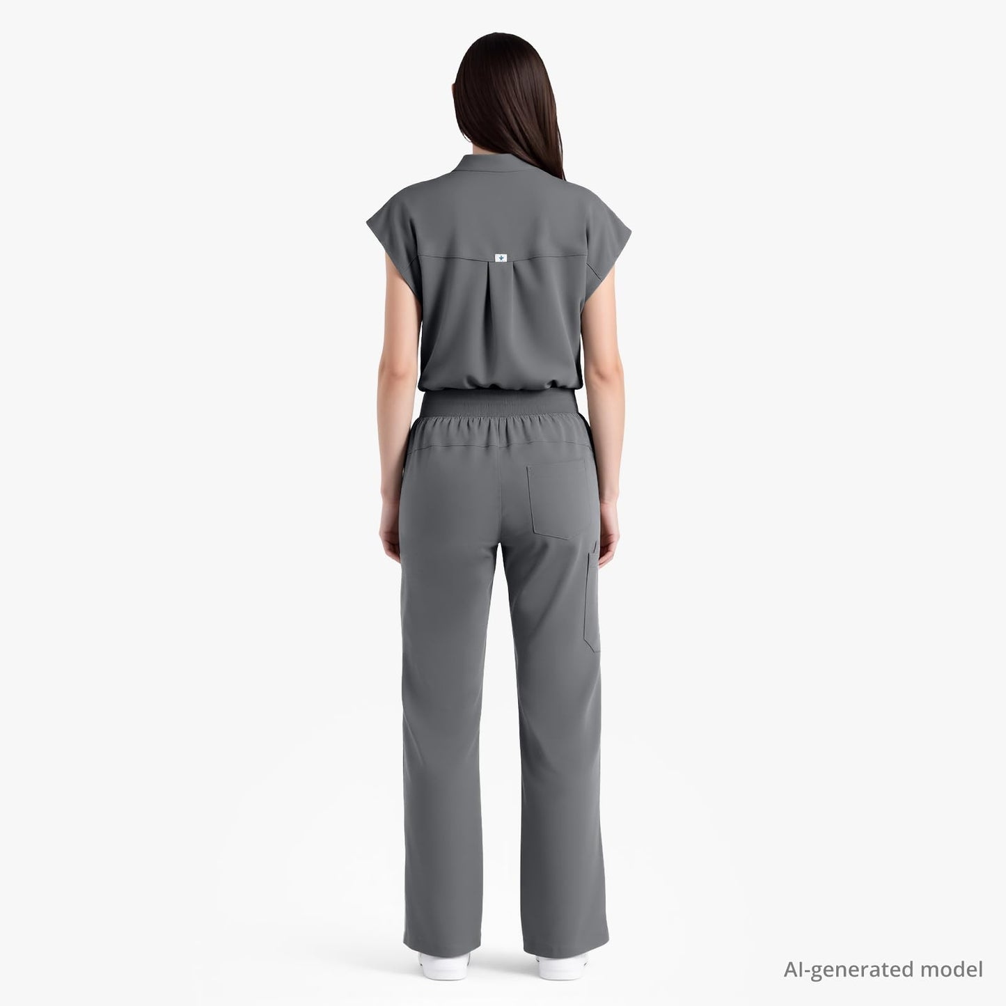 Scrubs for Women Set, Sleeveless 9-Pocket Straight Leg Yoga Waist | Stand-up collar top, straight leg pants side slits. Soft stretch knit. Yoga waist. Wrinkle-free. For nurses/docs/vets.