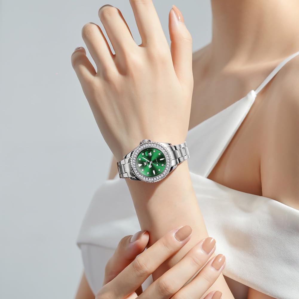 OLEVS Watches Women with Date Silver Stainless Steel Luxury Ladies Watches with Small Writs Diamond Watches for Women Waterproof Elegant Dress Quartz Analog Women's Wrist Watches Reloj de Mujer