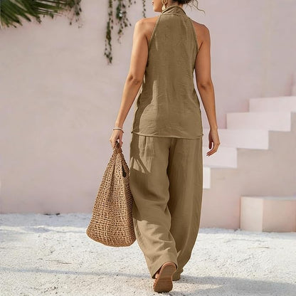 Womens Linen 2 Piece Sets 2026 Sleeveless V-Neck Halter Top Matching Baggy Wide Leg Pants Summer Lounge Set Vacation Outfits