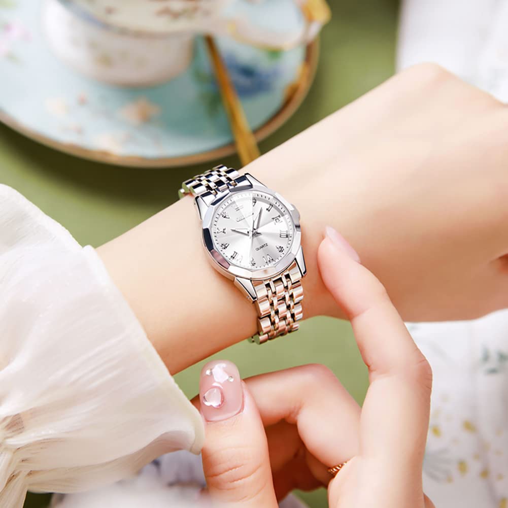 OLEVS Watches Women with Date Silver Stainless Steel Luxury Ladies Watches with Small Writs Diamond Watches for Women Waterproof Elegant Dress Quartz Analog Women's Wrist Watches Reloj de Mujer