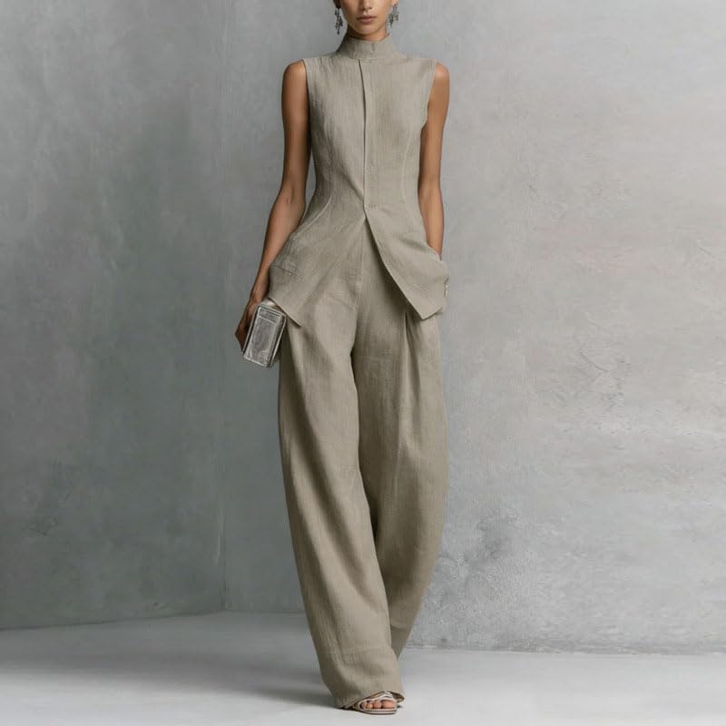 Linen Lounge sets for women, Stand Collar Sleeveless Top and Baggy Wide Leg Pants, Casual Business 2 Piece Set